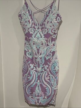 Windsor Purple Mini Dress with White w Aqua iridescence Sequin Embroidery xs
